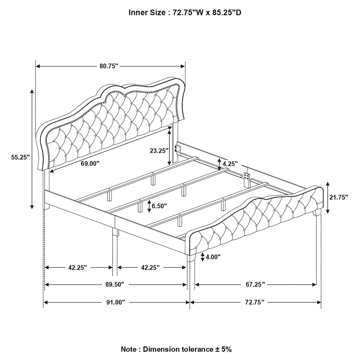Cama tapizada Bella California King con paneles en gris