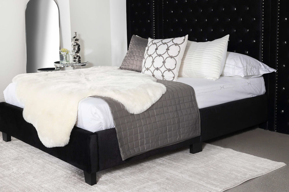 Cama Queen Hailey tapizada con paneles de pared, color negro