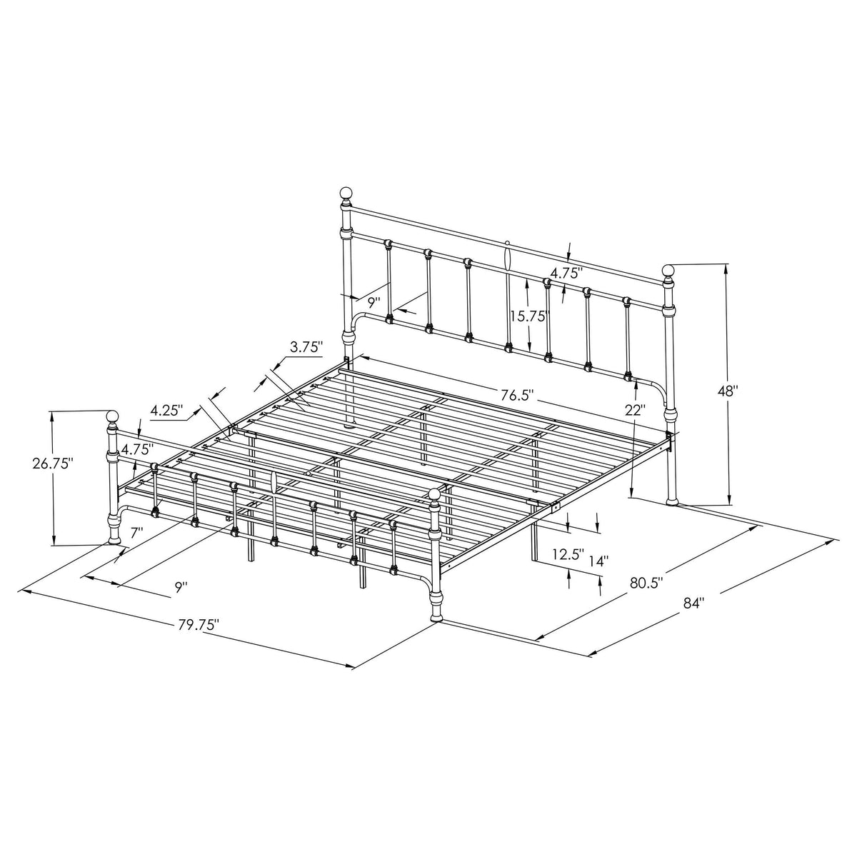 Cama Novak Eastern King de 48 pulgadas con marco abierto de metal, color negro mate