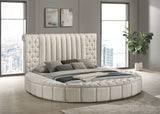 Cama Sonya tapizada Eastern King redonda con almacenaje en color marfil