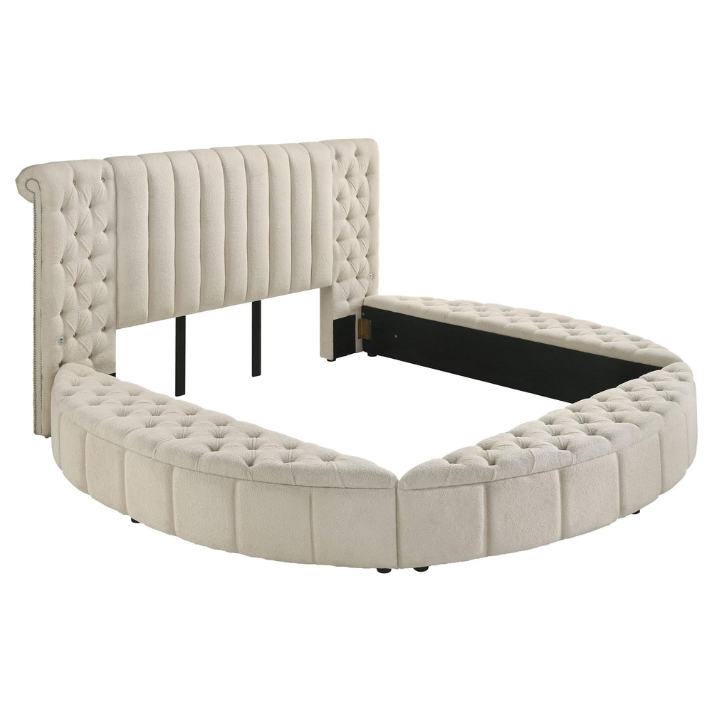 Cama Sonya tapizada Eastern King redonda con almacenaje en color marfil
