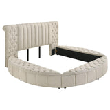 Cama Sonya tapizada Eastern King redonda con almacenaje en color marfil