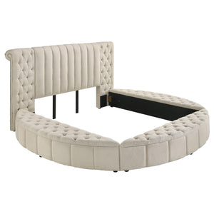 Cama Sonya tapizada Eastern King redonda con almacenaje en color marfil