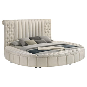 Cama Sonya tapizada Eastern King redonda con almacenaje en color marfil