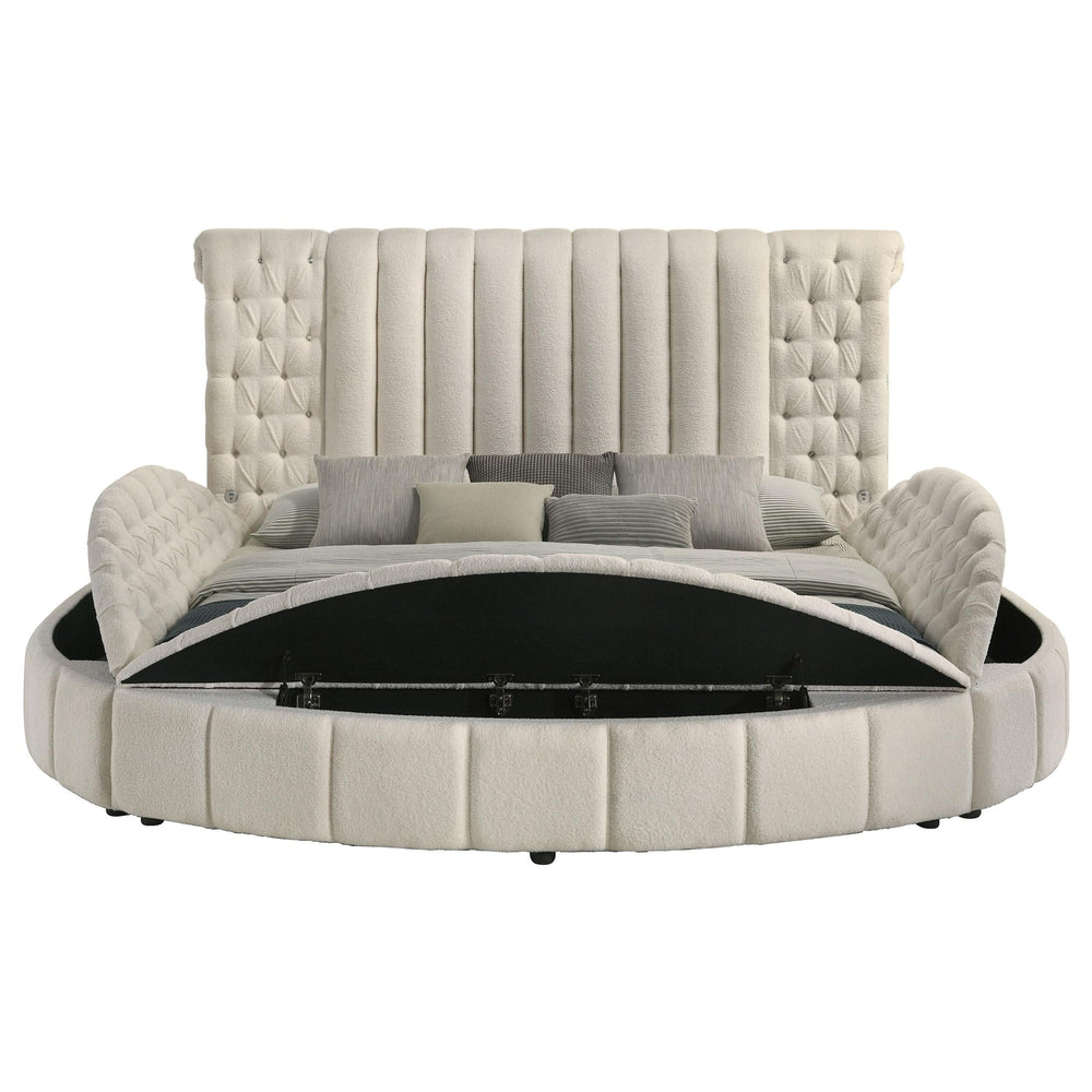 Cama Sonya tapizada Eastern King redonda con almacenaje en color marfil