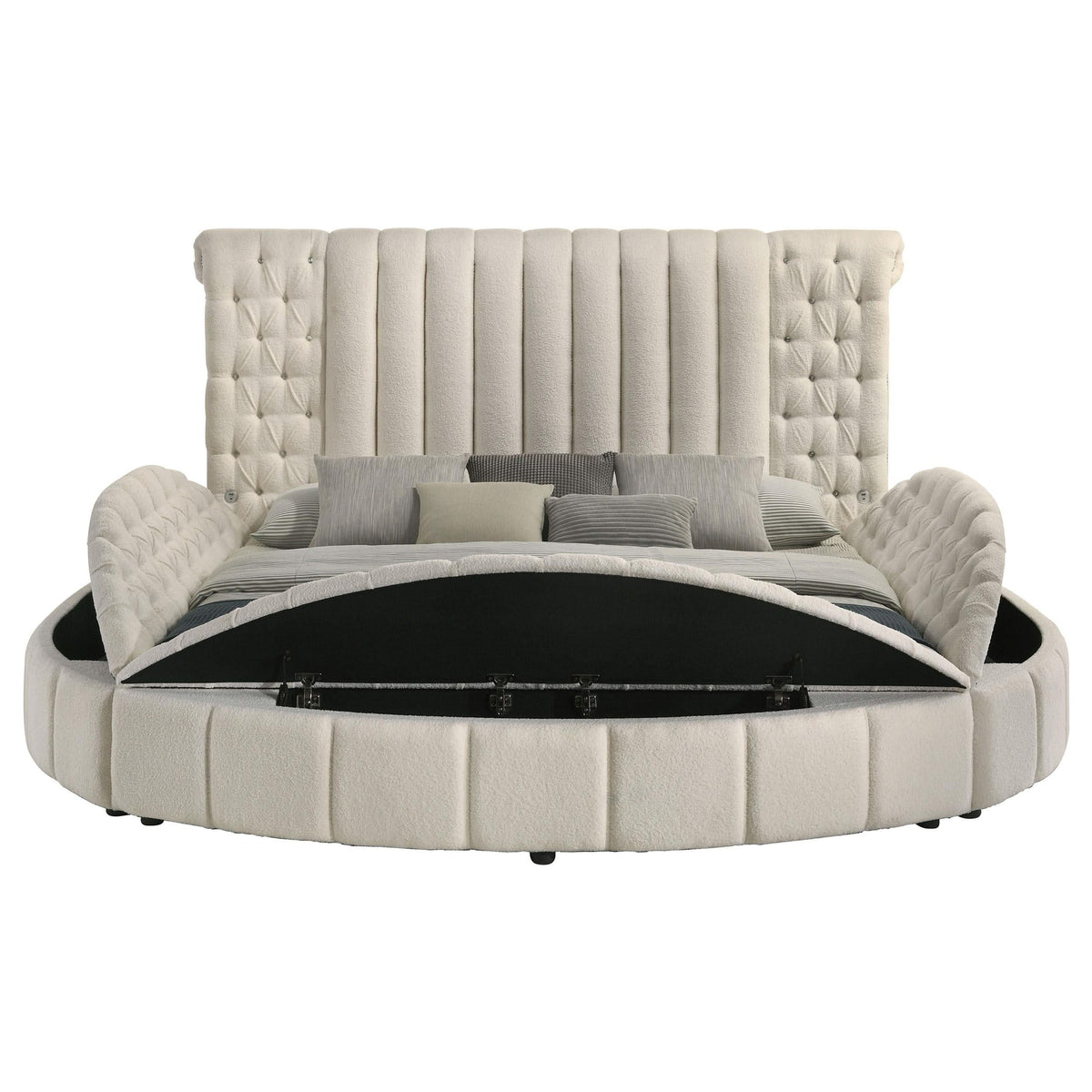 Cama Sonya tapizada Eastern King redonda con almacenaje en color marfil