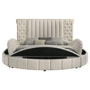 Cama Sonya tapizada Eastern King redonda con almacenaje en color marfil