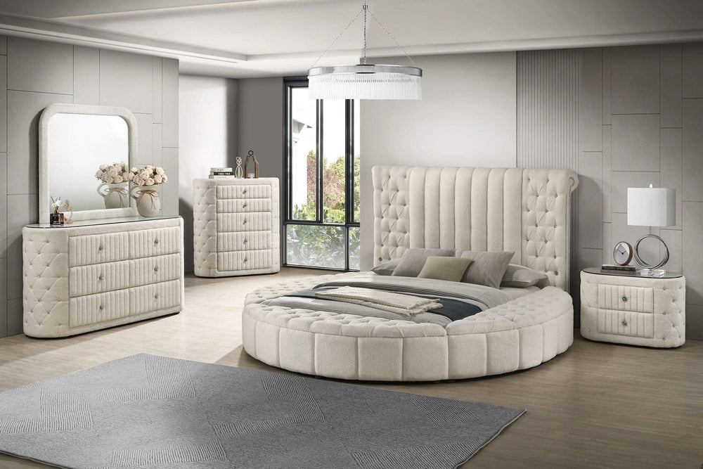 Cama Sonya tapizada Eastern King redonda con almacenaje en color marfil