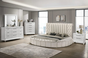 Cama Sonya tapizada Eastern King redonda con almacenaje en color marfil