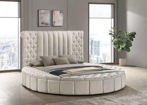 Cama Queen redonda tapizada Sonya con almacenaje en color marfil