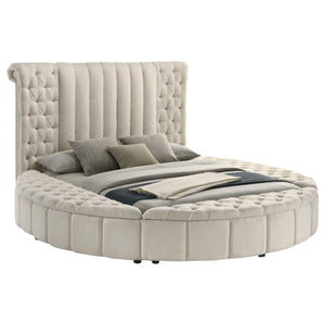 Cama Queen redonda tapizada Sonya con almacenaje en color marfil