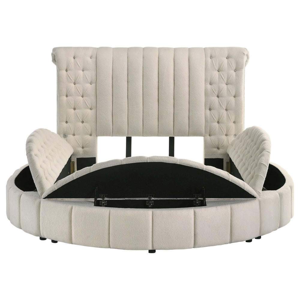 Cama Queen redonda tapizada Sonya con almacenaje en color marfil