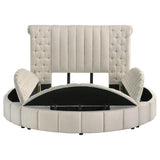 Cama Queen redonda tapizada Sonya con almacenaje en color marfil