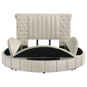 Cama Queen redonda tapizada Sonya con almacenaje en color marfil