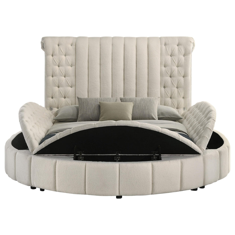 Cama Queen redonda tapizada Sonya con almacenaje en color marfil