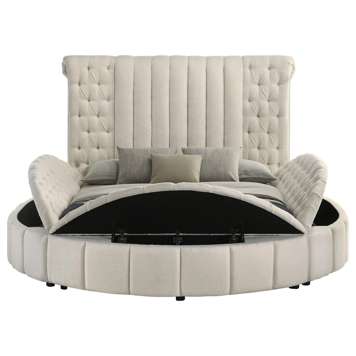 Cama Queen redonda tapizada Sonya con almacenaje en color marfil