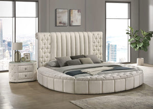 Cama Queen redonda tapizada Sonya con almacenaje en color marfil