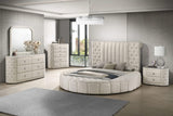 Cama Queen redonda tapizada Sonya con almacenaje en color marfil