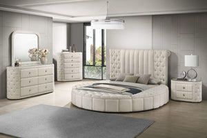 Cama Queen redonda tapizada Sonya con almacenaje en color marfil