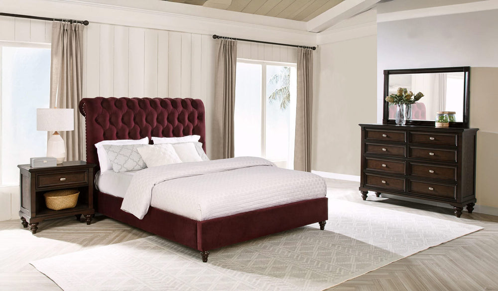 Juego de dormitorio Devon California King de 4 piezas en rojo y roble oscuro