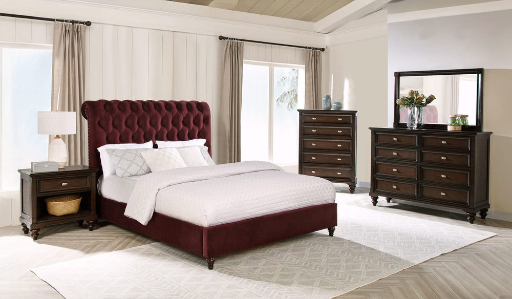 Juego de dormitorio Devon California King de 5 piezas en rojo y roble oscuro