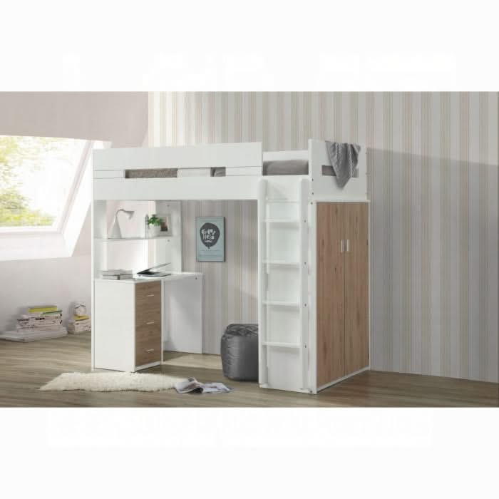 Cama alta individual Nerice con escritorio y armario