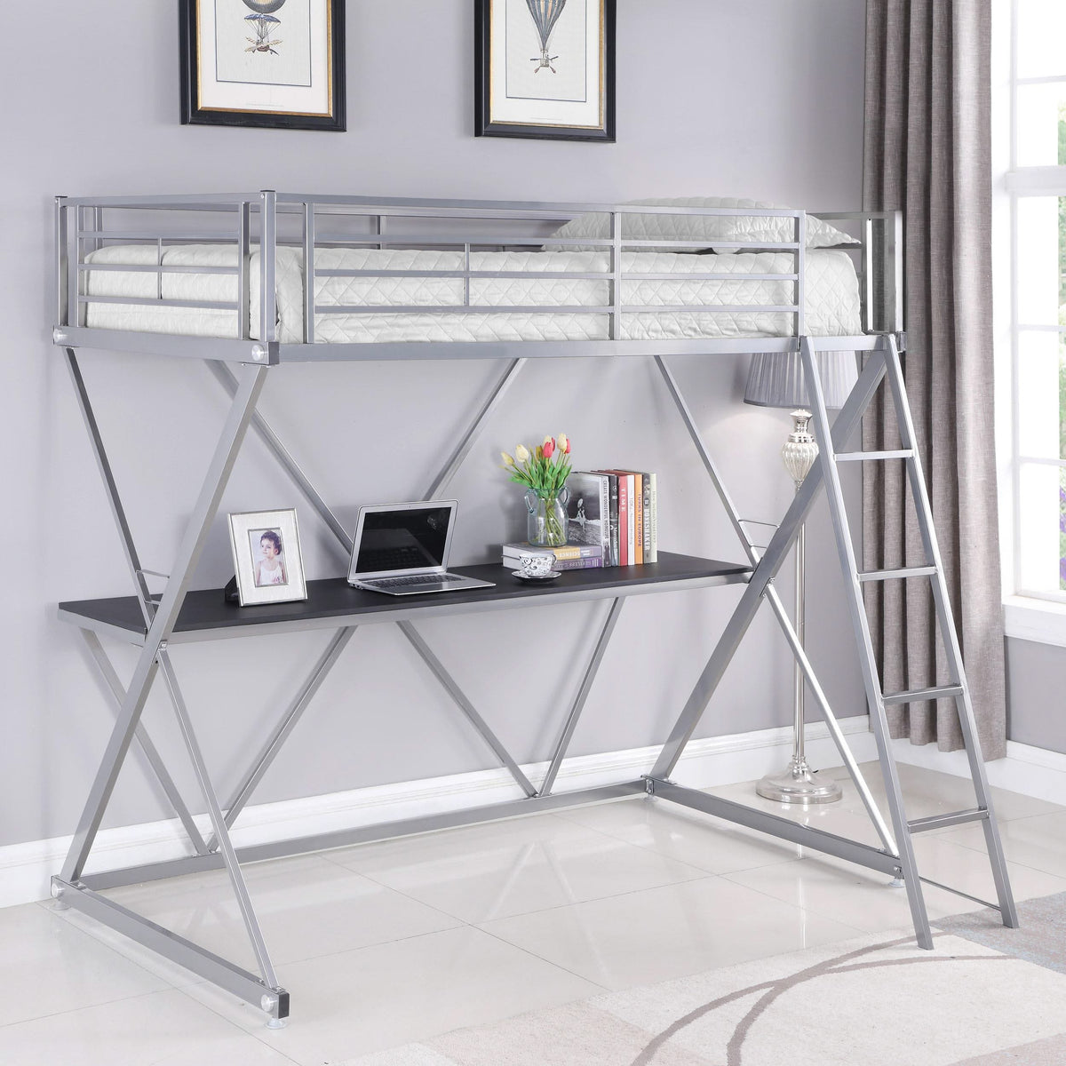 Cama alta Hyde Metal con dos camas individuales y estación de trabajo, color plateado
