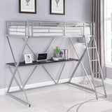 Cama alta Hyde Metal con dos camas individuales y estación de trabajo, color plateado