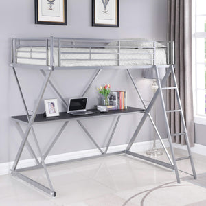 Cama alta Hyde Metal con dos camas individuales y estación de trabajo, color plateado