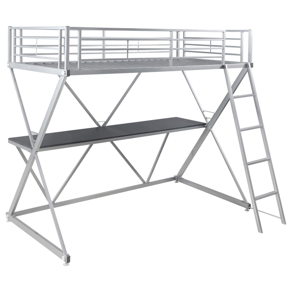 Cama alta Hyde Metal con dos camas individuales y estación de trabajo, color plateado