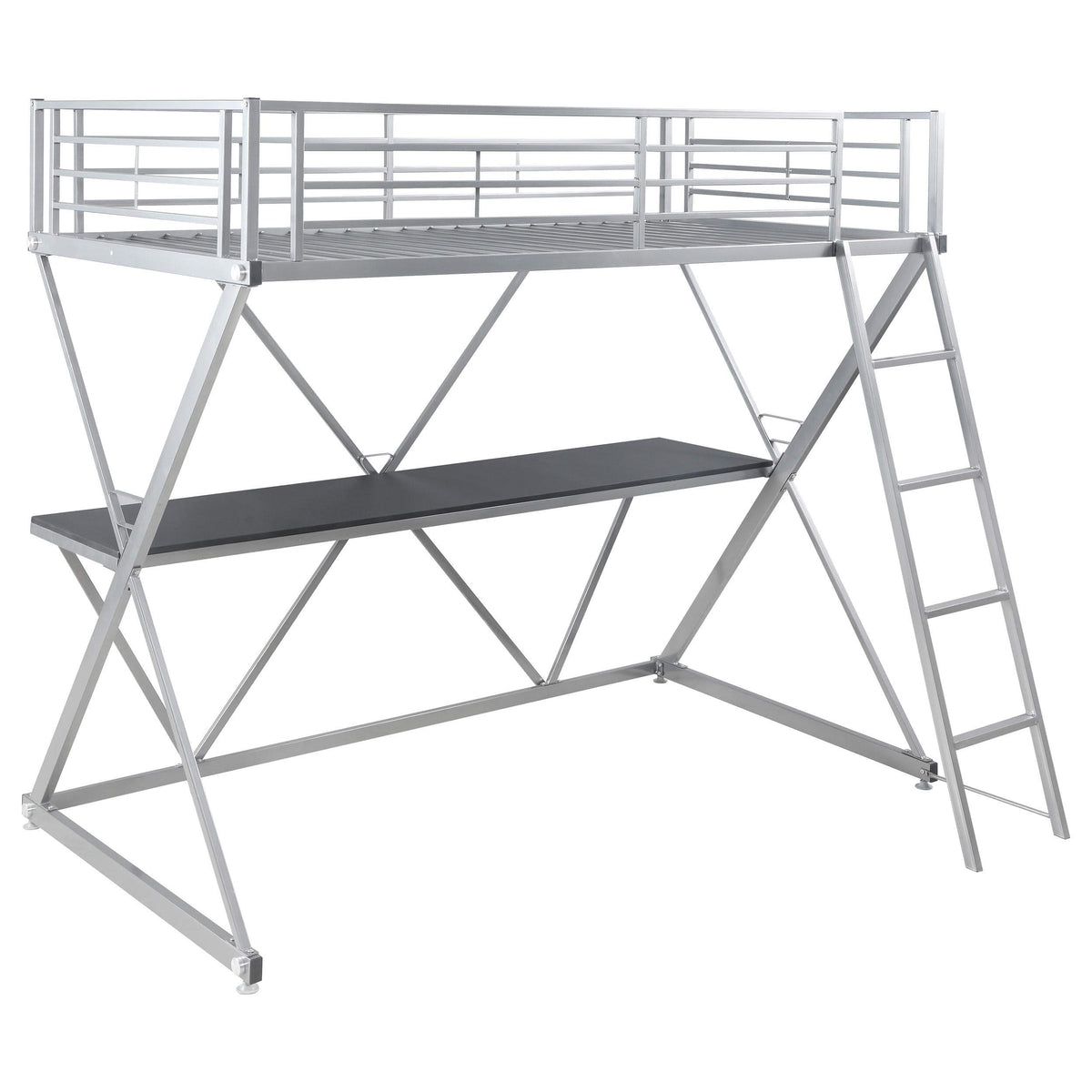 Cama alta Hyde Metal con dos camas individuales y estación de trabajo, color plateado
