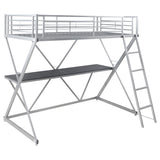 Cama alta Hyde Metal con dos camas individuales y estación de trabajo, color plateado