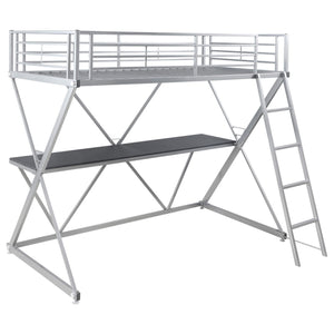 Cama alta Hyde Metal con dos camas individuales y estación de trabajo, color plateado