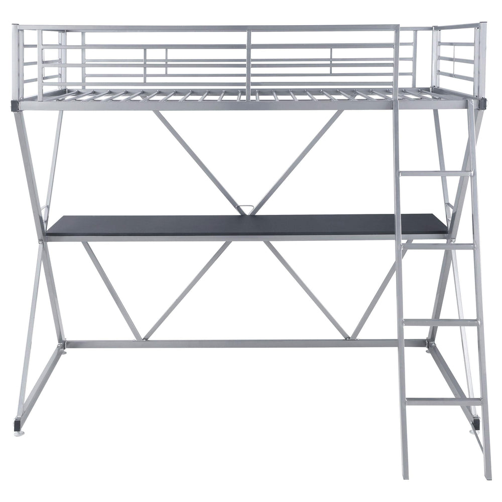Cama alta Hyde Metal con dos camas individuales y estación de trabajo, color plateado