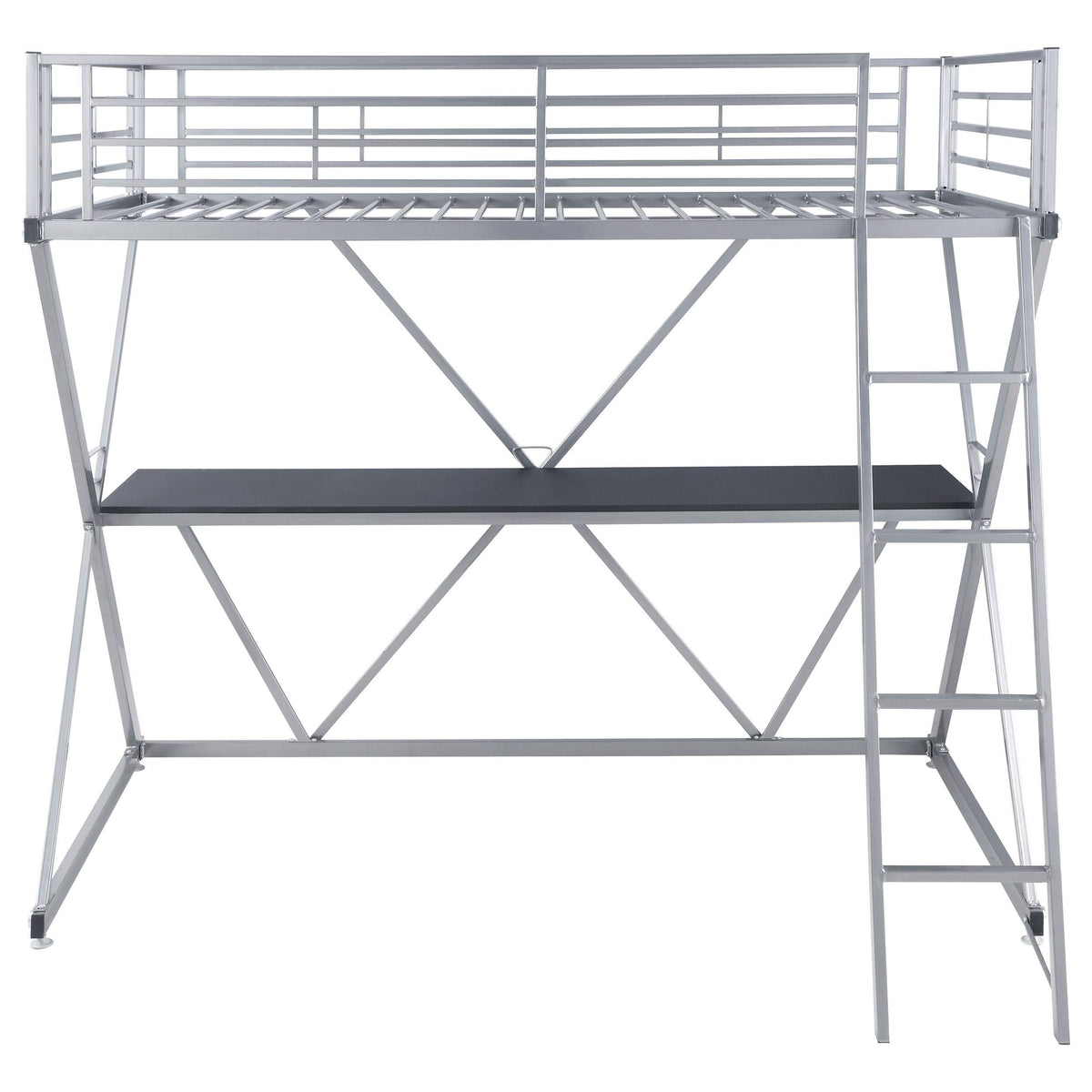 Cama alta Hyde Metal con dos camas individuales y estación de trabajo, color plateado