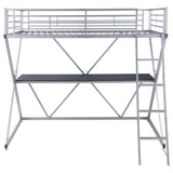 Cama alta Hyde Metal con dos camas individuales y estación de trabajo, color plateado