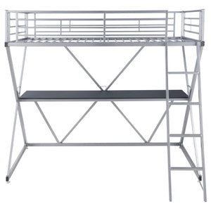 Cama alta Hyde Metal con dos camas individuales y estación de trabajo, color plateado