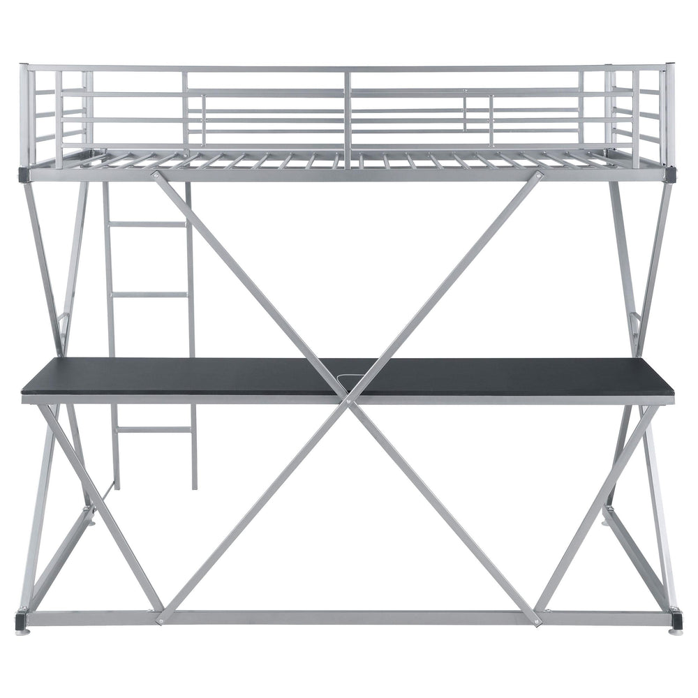 Cama alta Hyde Metal con dos camas individuales y estación de trabajo, color plateado