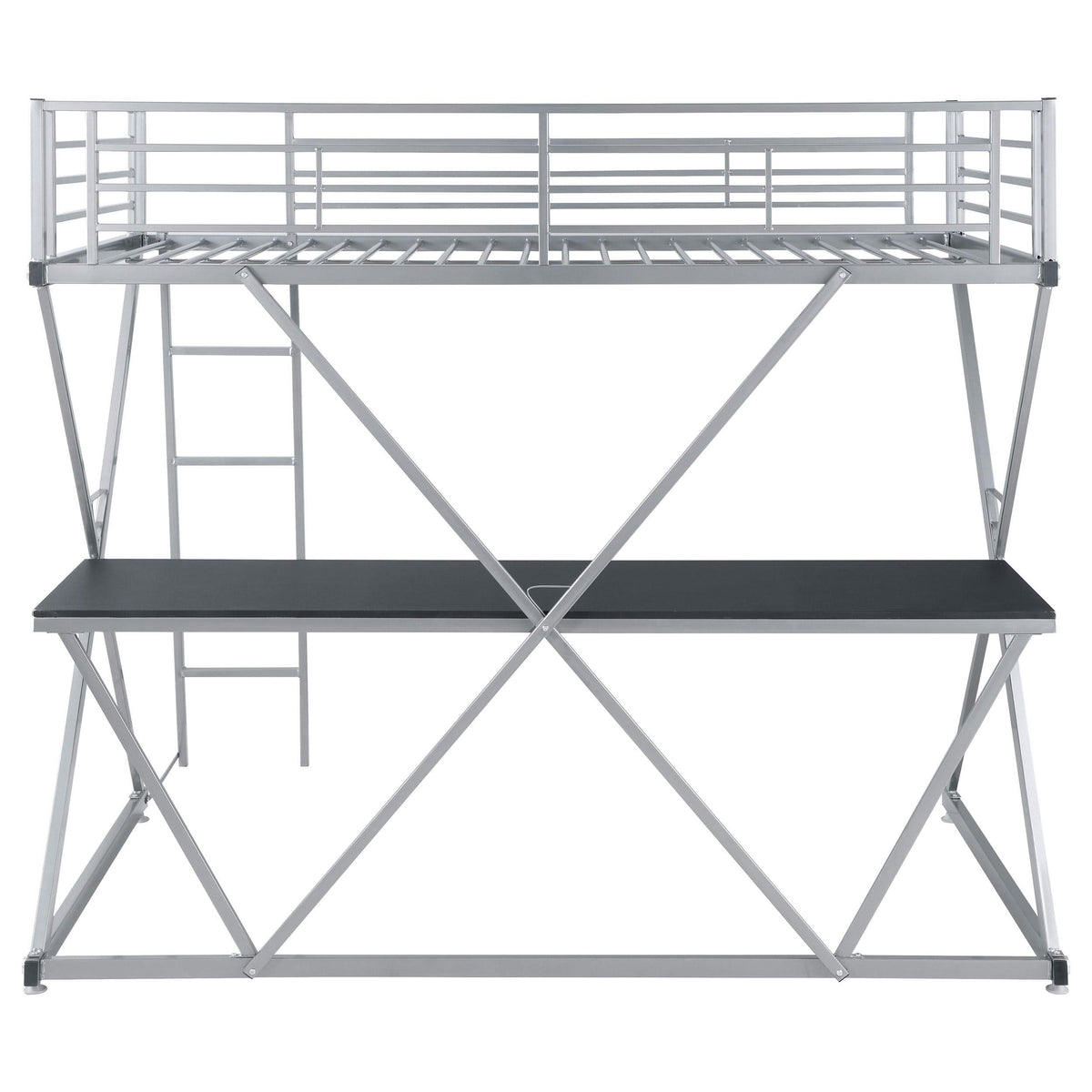 Cama alta Hyde Metal con dos camas individuales y estación de trabajo, color plateado