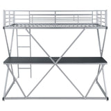 Cama alta Hyde Metal con dos camas individuales y estación de trabajo, color plateado