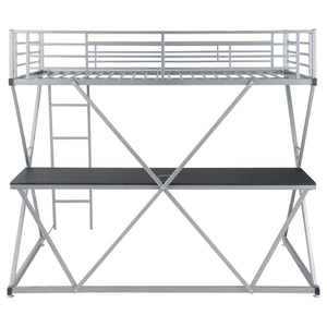 Cama alta Hyde Metal con dos camas individuales y estación de trabajo, color plateado