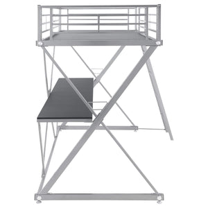 Cama alta Hyde Metal con dos camas individuales y estación de trabajo, color plateado