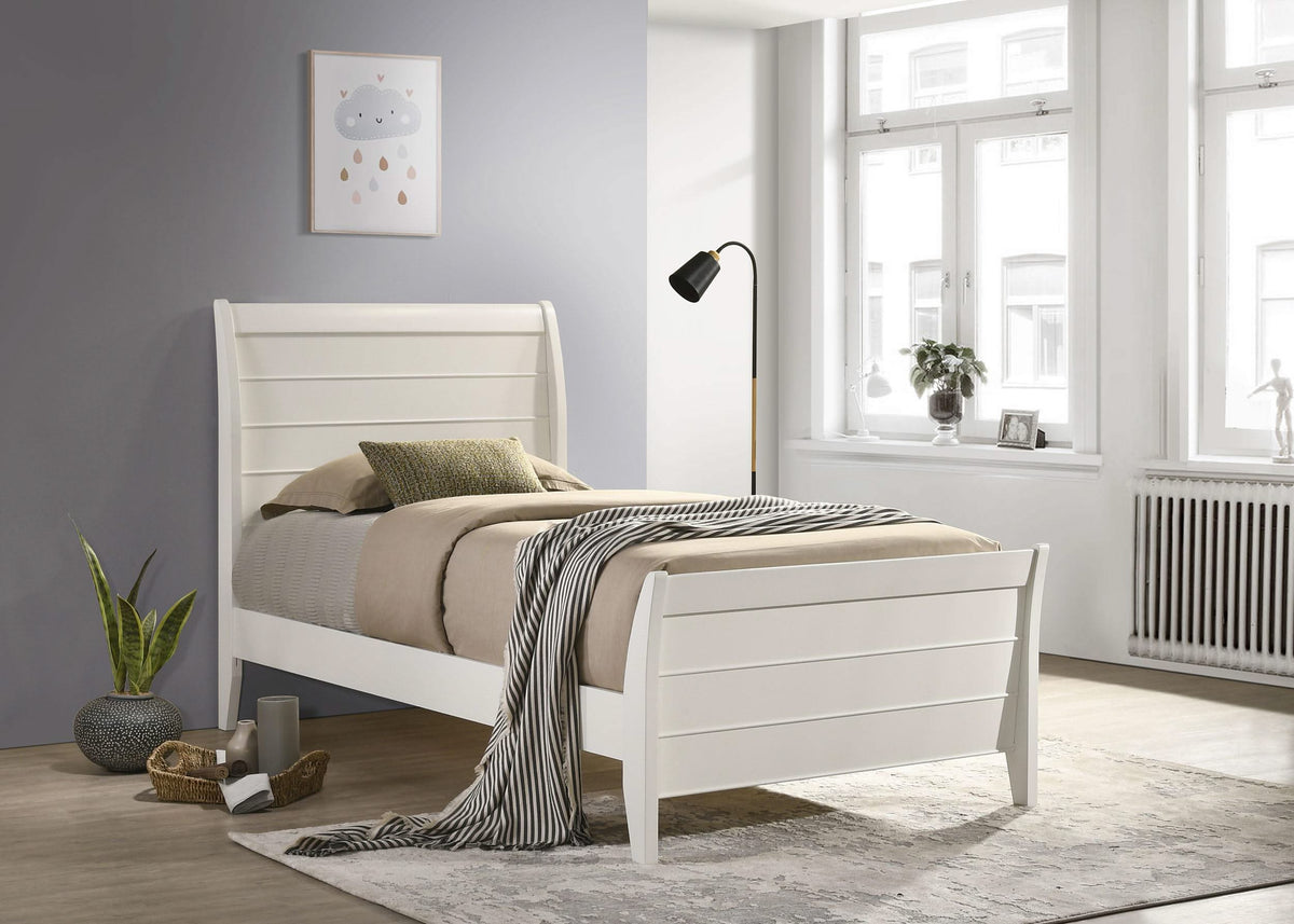 Cama individual Selena Wood con paneles en color blanco crema