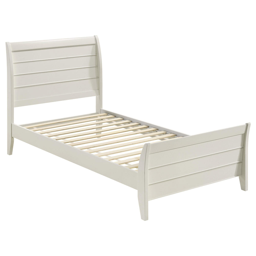 Cama individual Selena Wood con paneles en color blanco crema