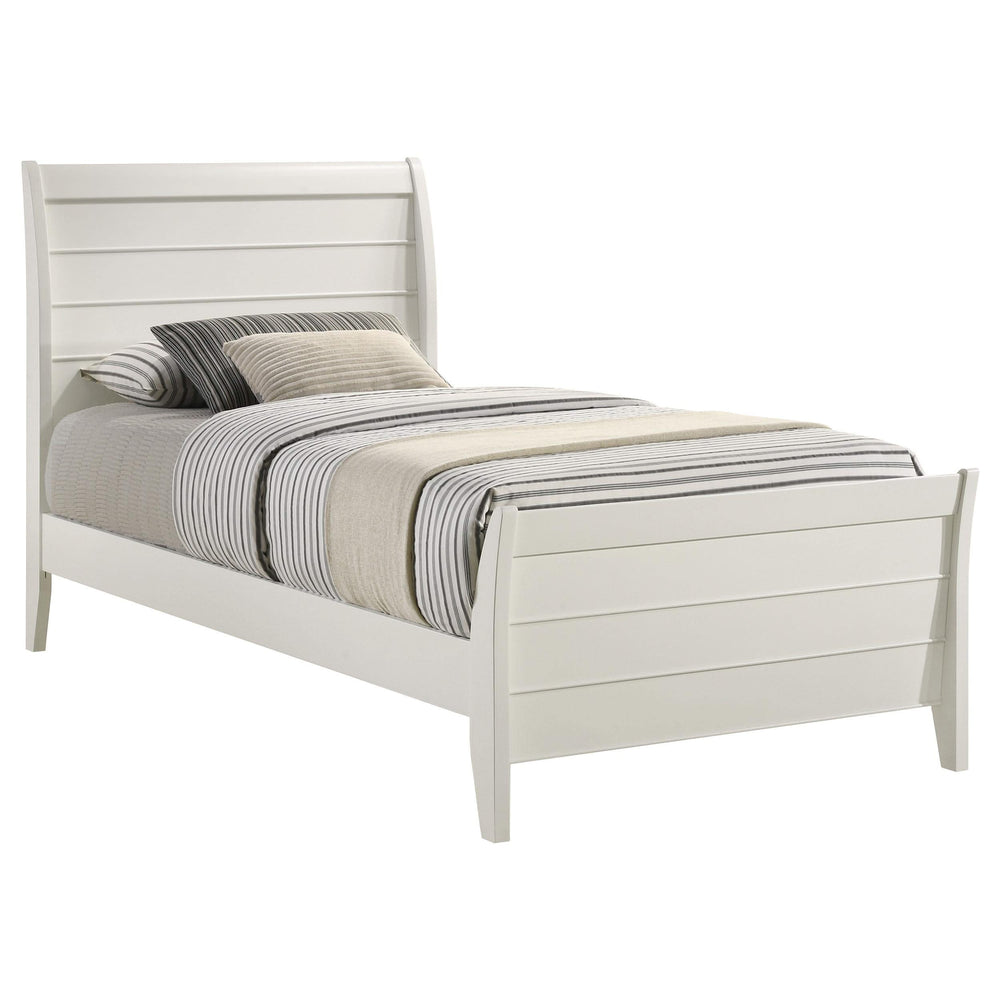 Cama individual Selena Wood con paneles en color blanco crema