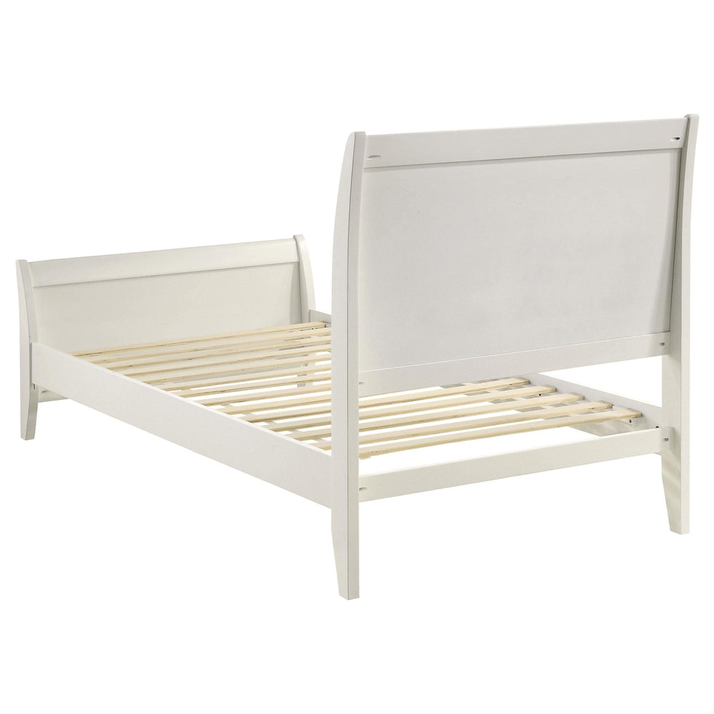 Cama individual Selena Wood con paneles en color blanco crema