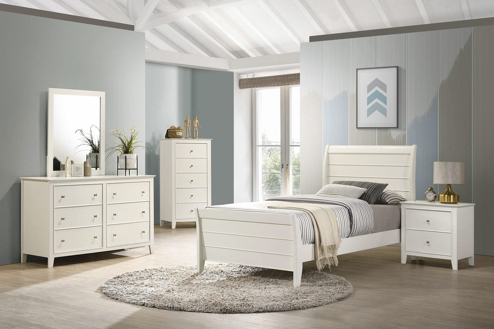 Cama individual Selena Wood con paneles en color blanco crema