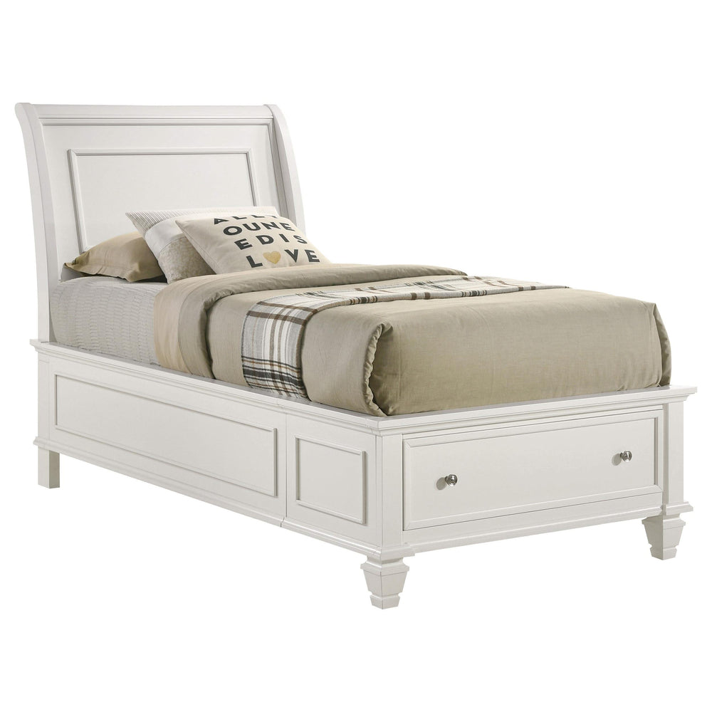 Cama individual con paneles de almacenaje Selena Wood en color blanco crema