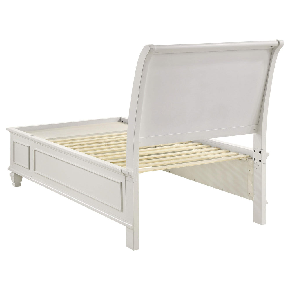 Cama individual con paneles de almacenaje Selena Wood en color blanco crema