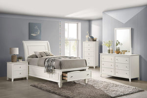 Cama individual con paneles de almacenaje Selena Wood en color blanco crema